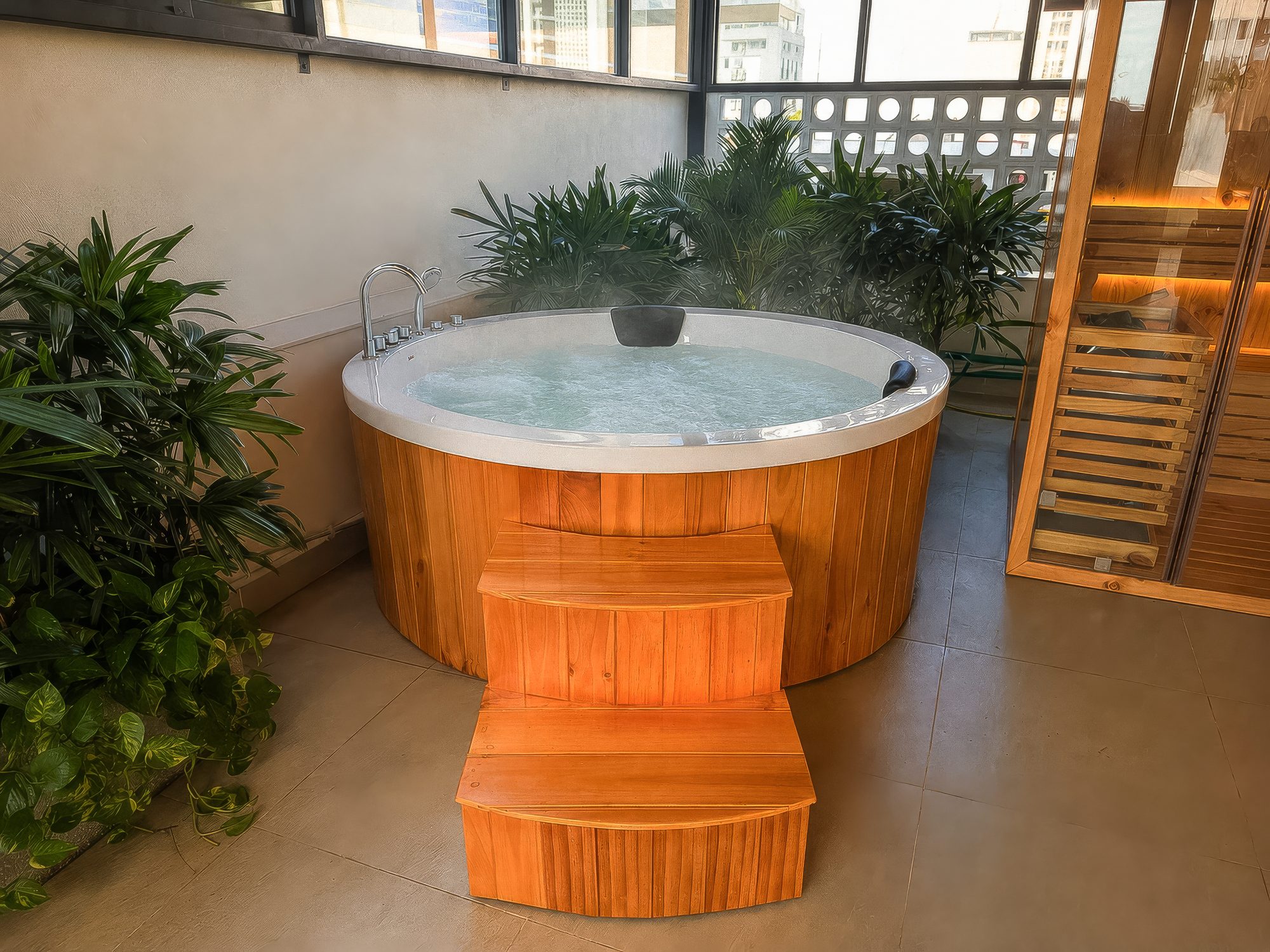 Wooden jacuzzi close up